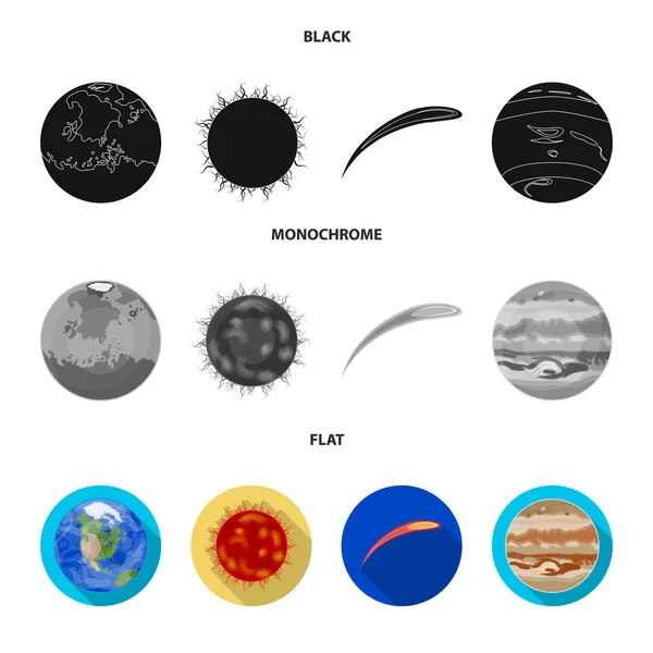 Terra, Giove, il Sole del Pianeta del Sistema Solare. Asteroide, meteorite. Serie di pianeti icone di raccolta in nero, piatto, in stile monocromatico vettore simbolo stock illustrazione web . — Vettoriale Stock