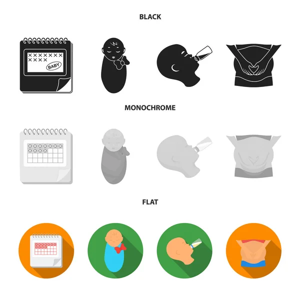 Calendar, newborn, stomach massage, artificial feeding. Pregnancy set collection icons in black, flat, monochrome style vector symbol stock illustration web. — Stock Vector