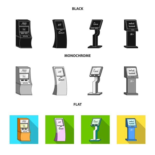 Медицинский терминал, банкомат для оплаты, аппарат для очереди. Терминалы устанавливают иконки коллекции в черном, плоском, монохромном стиле изометрического векторного символа  . — стоковый вектор