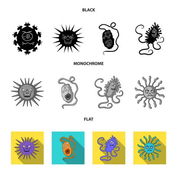 Diferentes tipos de microbios y virus. Iconos de colección de virus y bacterias en negro, plano, estilo monocromo vector símbolo stock ilustración web . — Vector de stock