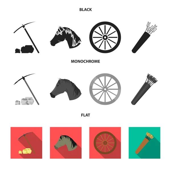Zappa di piccone, testa di cavallo, carrello delle ruote, faretra con le frecce.Wild West set icone di raccolta in nero, piatto, in stile monocromatico vettore simbolo stock illustrazione web . — Vettoriale Stock