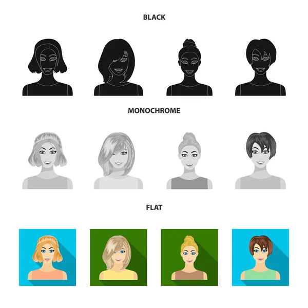 Tipos de peinados femeninos negro, plano, iconos monocromáticos en colección de conjuntos para el diseño. Apariencia de una mujer vector símbolo stock web ilustración . — Archivo Imágenes Vectoriales