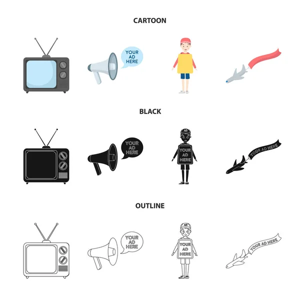 TV, megafoon, een man met een poster, een vliegtuig met een spandoek. Collectie iconen in de tekenfilm, zwart, overzicht stijl vector symbool stock illustratie web reclame, instellen. — Stockvector