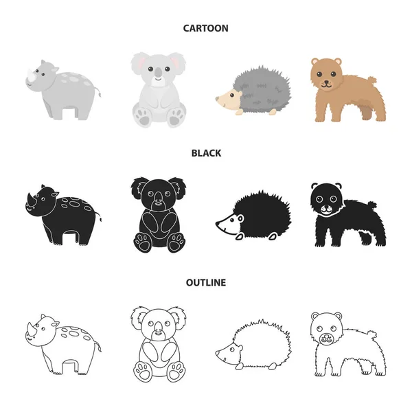 Rhino, koala, panthère, hérisson. Ensemble d'animaux icônes de la collection en dessin animé, noir, contour style vectoriel symbole illustration web . — Image vectorielle