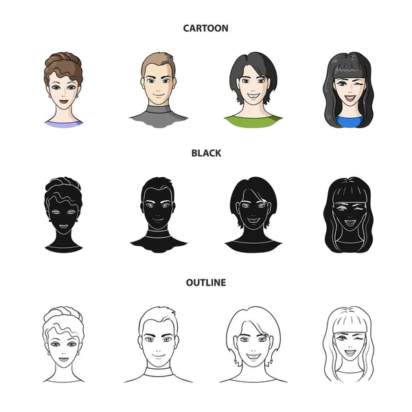 Diversi sguardi dei giovani. icone di raccolta avatar e set viso in cartone animato, nero, contorno stile vettore simbolo stock illustrazione web . — Vettoriale Stock