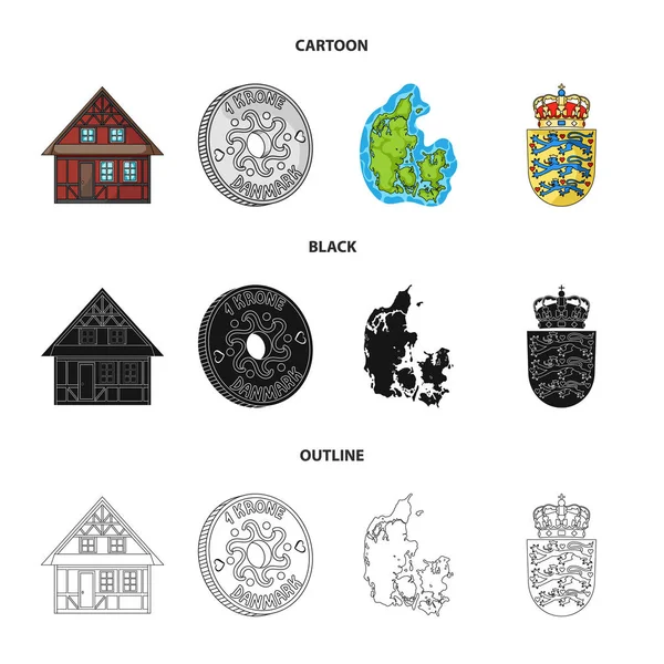 Casa, residencial, estilo, y otro icono de la web en dibujos animados, negro, estilo de contorno. País, Dinamarca, mar, iconos en la colección de conjuntos . — Vector de stock