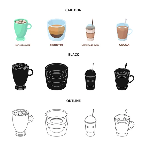 Ristretto, gorąca czekolada, latte na wynos. Różne rodzaje kawy zestaw kolekcji ikon w kreskówki, czarny, zarys styl wektor symbol ilustracji w sieci web. — Wektor stockowy