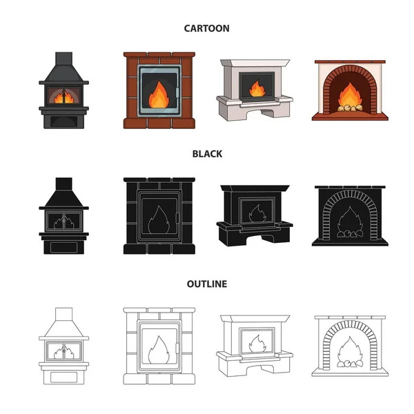 Fuego, calidez y comodidad. Chimenea conjunto colección iconos en dibujos animados, negro, contorno estilo vector símbolo stock ilustración web . — Vector de stock