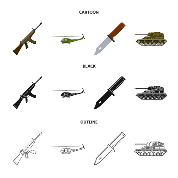 Штурмовая винтовка М16, вертолет, танк, боевой нож. Военные и армия набор иконки коллекции в мультфильм, черный, очертания стиль векторного символа иконки . — стоковый вектор
