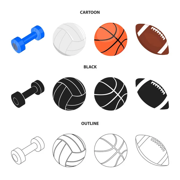 Manubrio blu, pallone da calcio bianco, pallacanestro, rugby. Sport set raccolta icone in cartone animato, nero, contorno stile vettore simbolo stock illustrazione web . — Vettoriale Stock