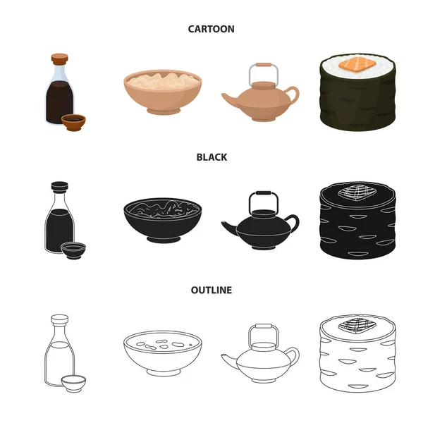 Sojasauce, Nudeln, kettle.rolls.sushi set collection icons in cartoon, schwarz, umreißen stil vektor symbol stock illustration web. — Stockvektor