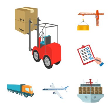 Set koleksiyonu tasarım için lojistik ve teslimat karikatür simgeler. Taşıtlar ve donatımı izometrik vektör simge stok web çizim.