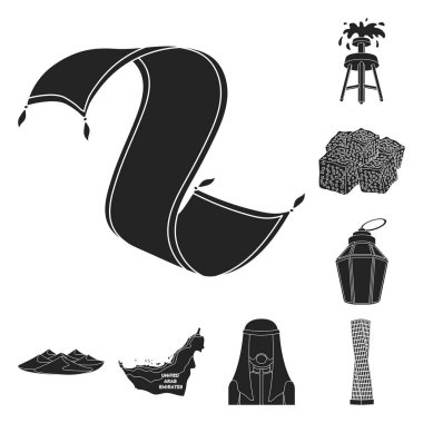 Ülke Birleşik Arap Emirlikleri siyah set koleksiyonu tasarım için simgeler. Turizm ve cazibe simge stok web illüstrasyon vektör.