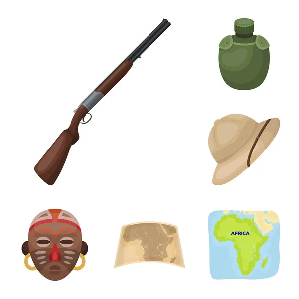 Iconos de dibujos animados Safari africano en la colección de conjuntos para el diseño. Trofeos y equipos para Safari vector símbolo stock web ilustración . — Vector de stock