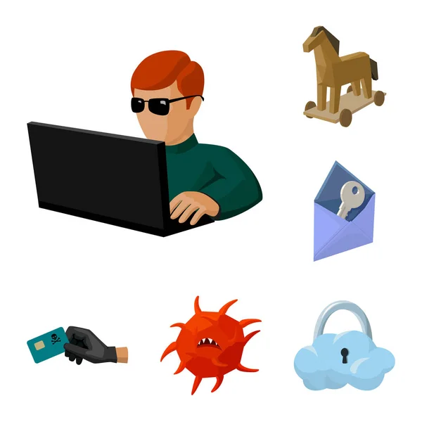 Hacker and hacking cartoon icons in set collection for design. Hacker and equipment vector symbol stock web illustration. — Stock Vector