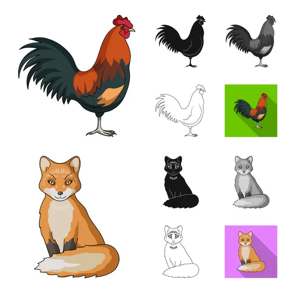 Realistic animals cartoon, black, flat, monochrome, outline icons in set collection for design. Векторная веб-иллюстрация символов диких и домашних животных . — стоковый вектор