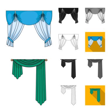 Perdeleri çizgi film, siyah, düz, tek renkli, farklı türde set koleksiyonu tasarım için simgeleri anahat. Perdeler ve Saçakların sembol stok web illüstrasyon vektör.