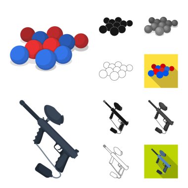 Paintball, takım oyunu çizgi film, siyah, düz, siyah-beyaz anahat simgeleri set koleksiyonu tasarım için. Ekipman ve kıyafet sembol stok web illüstrasyon vektör.