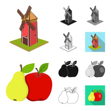 Çiftlik ve tarım çizgi film, siyah, düz, siyah-beyaz anahat simgeleri set koleksiyonu tasarım için. Bahçe ve bitki izometrik vektör simge stok web çizim.