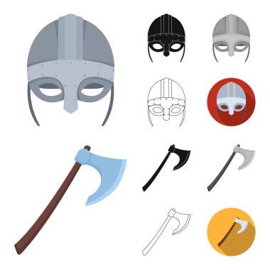 Vikingler ve öznitelikleri çizgi film, siyah, düz, siyah-beyaz anahat simgeleri set koleksiyonu tasarım için. Eski İskandinav savaşçı vektör simge stok web çizimi.