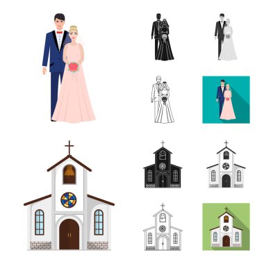 Düğün ve öznitelikleri karikatür, siyah, düz, siyah-beyaz set koleksiyonu tasarım için simgeleri anahat. Sembol stok web illüstrasyon vektör yeni evliler ve aksesuarları.