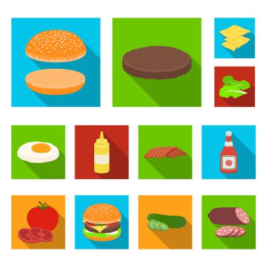 Düz set koleksiyonu tasarım için simgeleri Burger ve malzemeler. Vektör simge stok web illüstrasyon pişirme Burger.