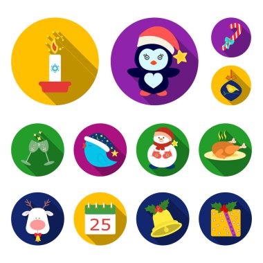 Noel öznitelikleri ve aksesuarları düz simgeler set koleksiyonu tasarım için. Neşeli Noel vektör simge stok web çizim.