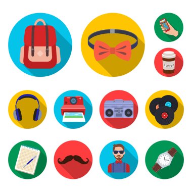 Stil Hipster set koleksiyonu tasarım için düz simgeler. Sembol stok web illüstrasyon vektör hipster öznitelikleri ve aksesuarları.