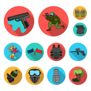 Paintball takım set koleksiyonu tasarım için oyun düz simgeler. Ekipman ve kıyafet sembol stok web illüstrasyon vektör.
