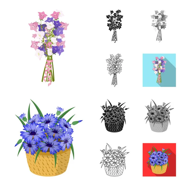 新鮮な花の漫画、ブラック、フラット、モノクロ、ブーケ デザインのセットのコレクションのアイコンを概説します。様々 な花束ベクトル シンボル ストック web イラスト. — ストックベクタ