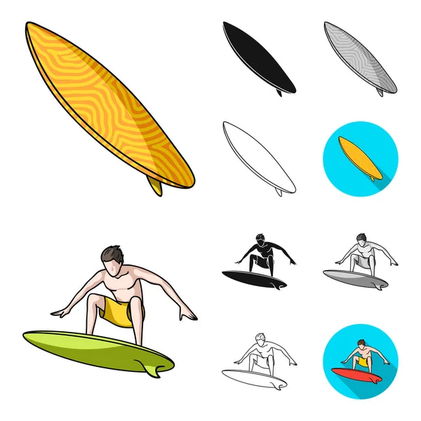 Surfen und extremer Cartoon, schwarz, flach, monochrom, Umrisssymbole in Set-Kollektion für Design. Surfer und Zubehör Vektor Symbol Stock Web Illustration. — Stockvektor