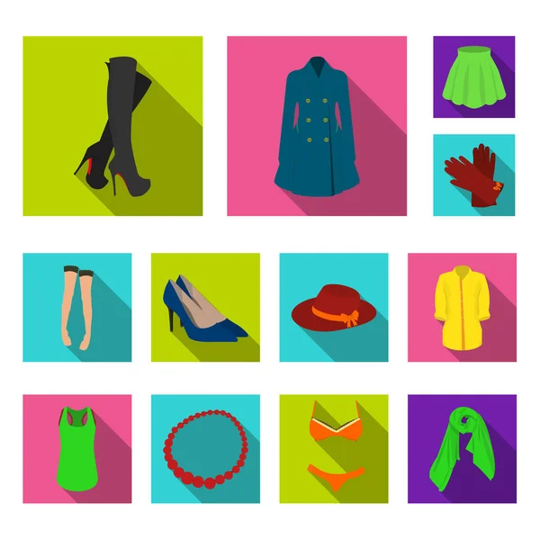 Vrouwen kleding plat pictogrammen in set collectie voor design. Variëteiten van de kleding en accessoires symbool voorraad web vectorillustratie. — Stockvector