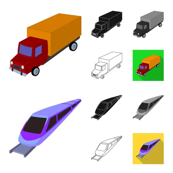 Olika typer av transport tecknad, svart, platt, monokrom, disposition ikoner i set samling för design. Bil och skepp vektor symbol lager web illustration. — Stock vektor