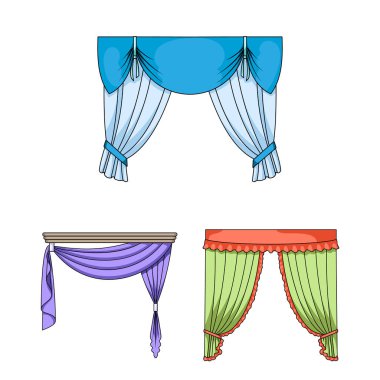 Perde çeşitleri set koleksiyonu tasarım için simgeleri karikatür. Perdeler ve Saçakların sembol stok web illüstrasyon vektör.