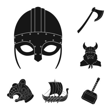 Vikingler ve öznitelikleri set koleksiyonu tasarım için simgeler siyah. Eski İskandinav savaşçı vektör simge stok web çizimi.