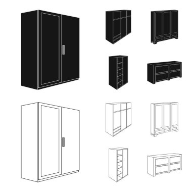 İle mezzanines ile raf ayna, dolap, dolap. Yatak Odası Mobilya toplama simgeler siyah, anahat stili vektör simge stok çizim web içinde ayarla..