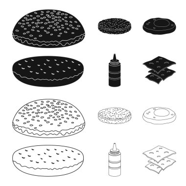Burger ve malzemeler siyah, anahat simgeleri set koleksiyonu tasarım için. Vektör simge stok web illüstrasyon pişirme Burger.