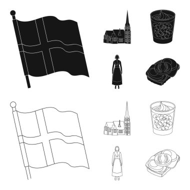 Bayrak, Milli, sembol ve diğer web simge siyah, anahat stili. Danimarka, tarih, turizm, küme koleksiyon simgeler.