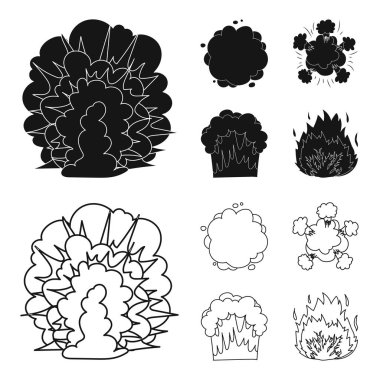 Alevi, kıvılcım, hidrojen parçaları, atom veya gaz patlaması. Patlamalar toplama simgeler siyah, anahat stili vektör simge stok çizim web içinde ayarla..