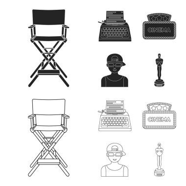 Yönetmen, daktilo, sinematografik tabela, film-adam Başkanı. Filmler ve sinema toplama simgeler siyah, anahat stili vektör simge stok çizim web ayarla.