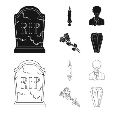 Bir yazıt, yas mum, bir papaz, rahip, gül yas ile bir granit mezar taşı. Cenaze töreni toplama simgeler siyah, anahat stili vektör simge stok çizim web içinde ayarla..