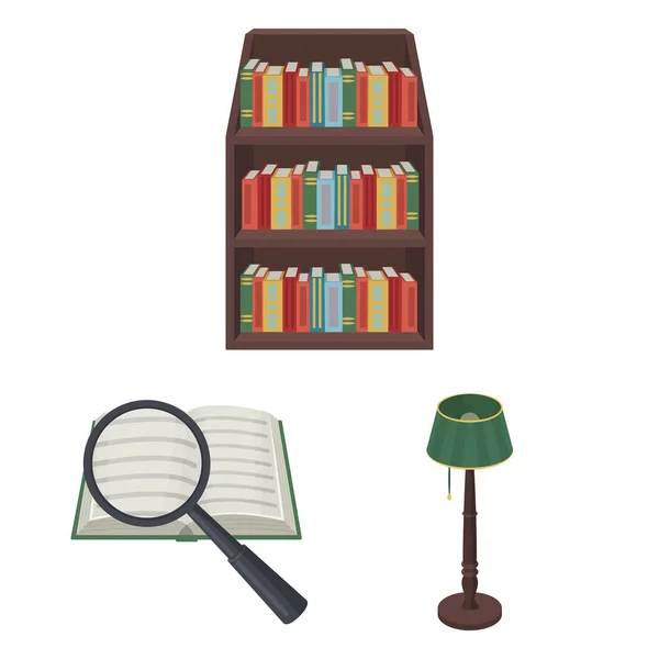 Biblioteca y librería iconos de dibujos animados en colección de conjuntos para el diseño. Libros y mobiliario vector símbolo stock web ilustración . — Archivo Imágenes Vectoriales