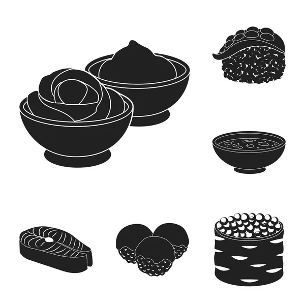Σούσι και καρύκευμα μαύρο εικόνες set συλλογής για το σχεδιασμό. Θαλασσινά φαγητό, αξεσουάρ διάνυσμα σύμβολο μετοχής web εικονογράφηση. — Διανυσματικό Αρχείο