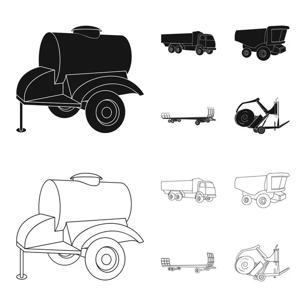 Trailer med en fat-, lastbils- och andra jordbruks-apparater. Jordbruksmaskiner som samling ikoner i svart, disposition stil vektor symbol stock illustration web. — Stock vektor