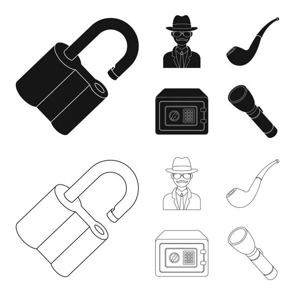 Bloqueo hackeado, seguro, pipa humeante, detective.Detective privado conjunto de iconos de la colección en negro, contorno estilo vector símbolo stock ilustración web . — Vector de stock