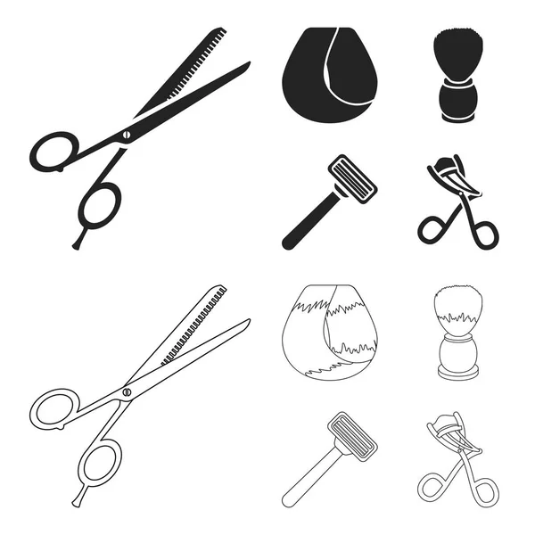 Tijeras, cepillo, maquinilla de afeitar y otros equipos. Peluquería conjunto colección iconos en negro, contorno estilo vector símbolo stock ilustración web . — Vector de stock