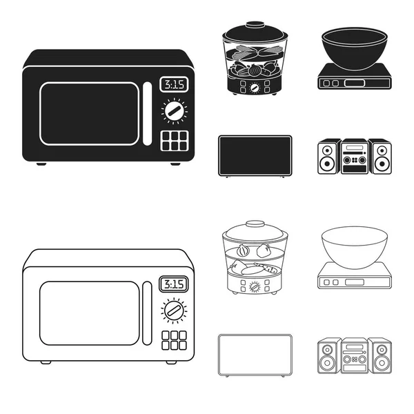 Steamer, four à micro-ondes, balances, lcd tv.Household set collection icônes en noir, contour style vectoriel symbole illustration web . — Image vectorielle