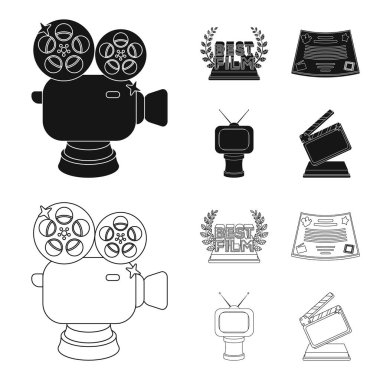 Gümüş fotoğraf makinesi. Bir Tv şeklinde ve başka ödüller bronz ödül. Film Ödülü, sset toplama simgeler siyah, anahat stili vektör simge stok çizim web içinde.