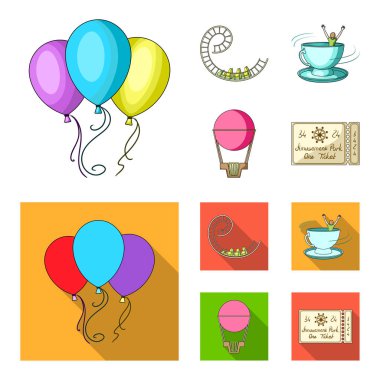 Roller coaster binmek, balon sepet, caruelle Kupası, parkın girişinde bir bilet ile. Eğlence Parkı toplama simgeler çizgi film, düz stil vektör simge stok çizim web ayarla..