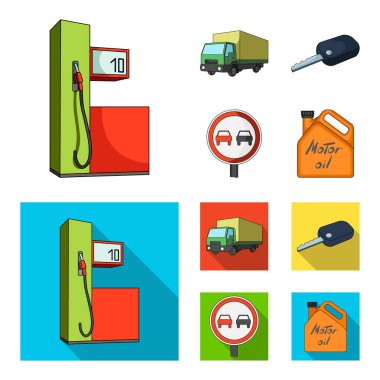 Tente, kontak anahtarı, yasaklayıcı işaret, teneke kutu, araç motor yağı ile küme toplama simgeler karikatür, düz stil vektör simge stok çizim web kamyon.